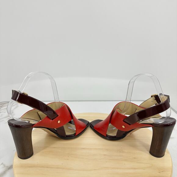 JIMMY CHOO Platform Sandal AIX 125 Red Leather Wood Heels Gold Patent Size 40 - Picture 5 of 12